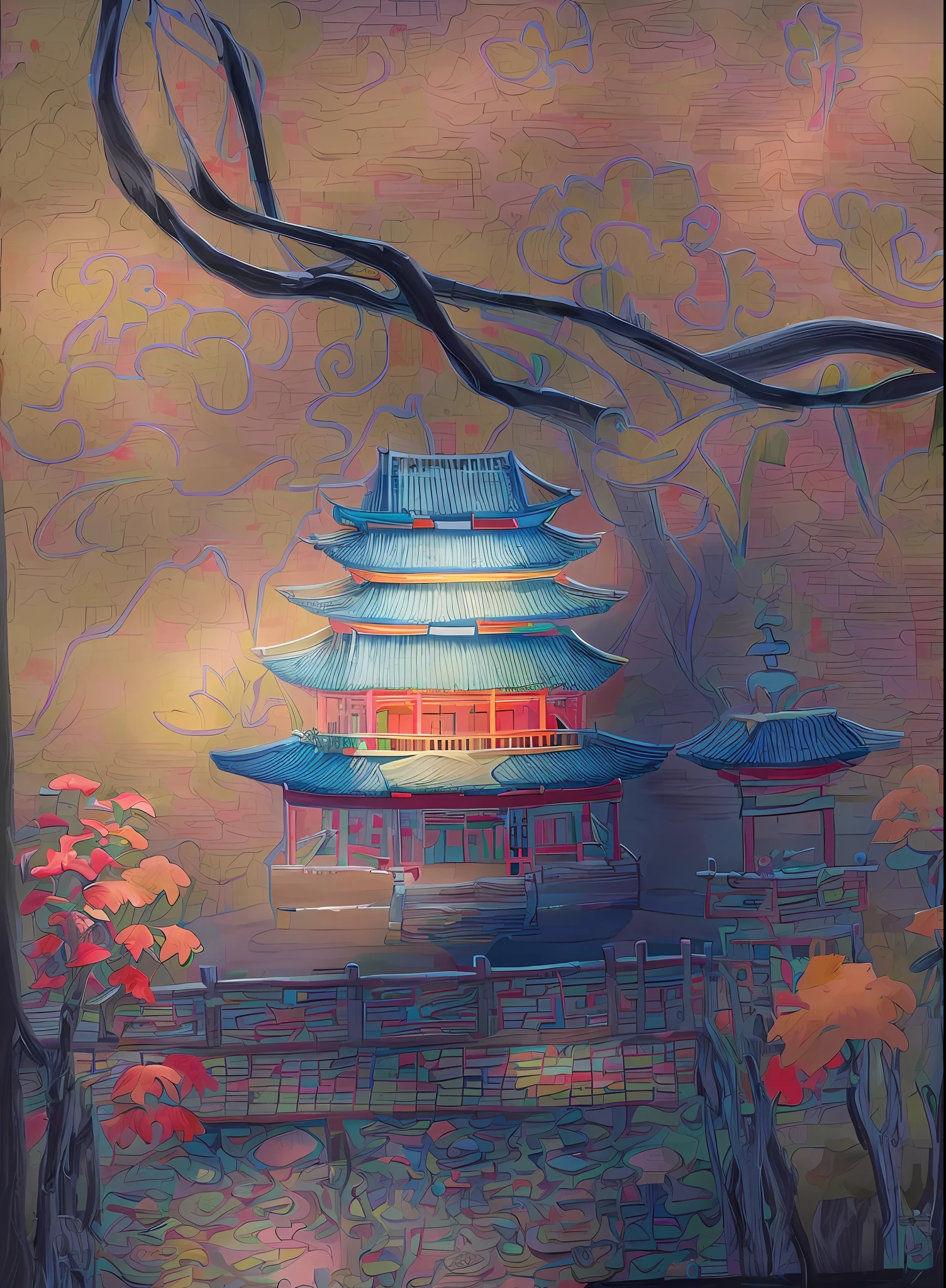 Pagoda diagram with ponds and bridges, digital painting of a pagoda, Inspired by Yang Buzhi, background depicting a temple, inspired by Shen Shichong, inspired by Katsukawa Shunchō, inspired by Katsukawa Shunsen, Chinese style painting, inspired by Katsukawa Shunkō I