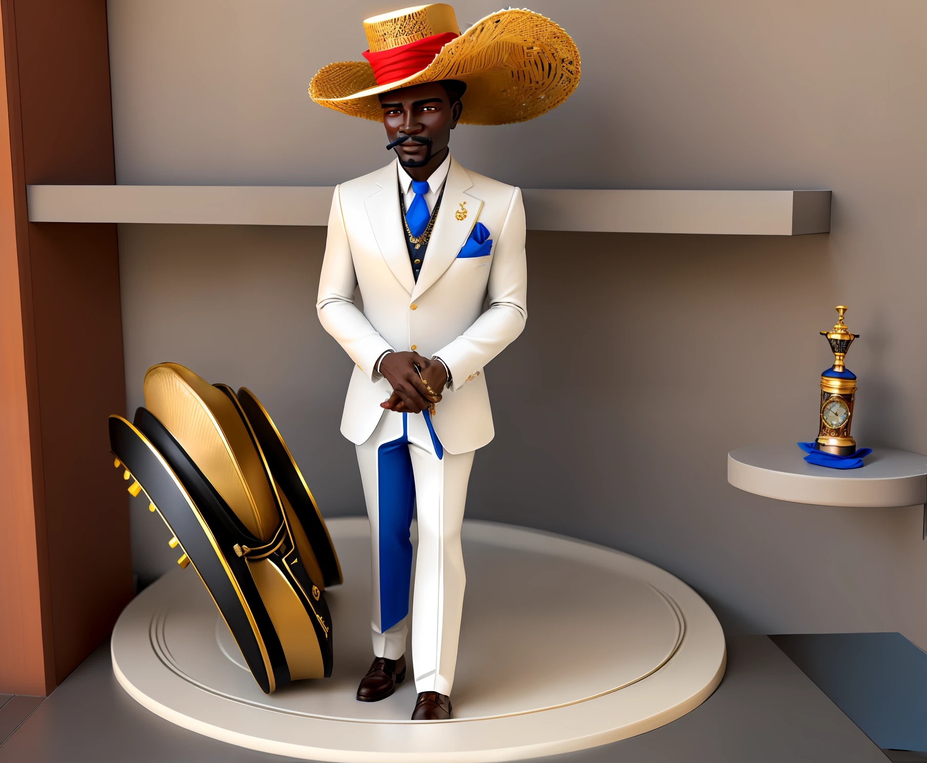There is a man usando um pequeno white Panama hat, com uma tira vermelha e gravata rubra em uma plataforma de madeira, com um cinzeiro no topo, Antique piece, homem negro, cinzeiro, Alquimista Steampunk Africano, charuto, inspired by Ceferí Olivé, Figura de argila 3D, estatueta, a suited man in a hat, enquanto fuma um charuto, com charuto, charuto para fumar