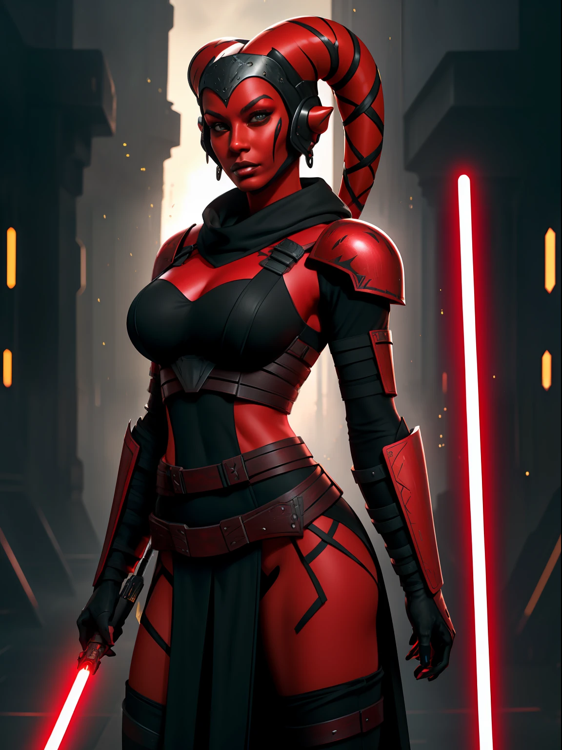 armor, busty, ((red skin), twi'lek), dual red lightsabers, evil space knight, space ninja, (wearing heavy black armor, robes, black stealth armor, breastplate, tunic, tabard, cowl, cloak, body glove, straps, buckles, skirts, long sleeves, fantasy, ((armor))), ((busty), slender body, thin, slim sexy body, slim waist, ), Imperial starship, Star Wars,
