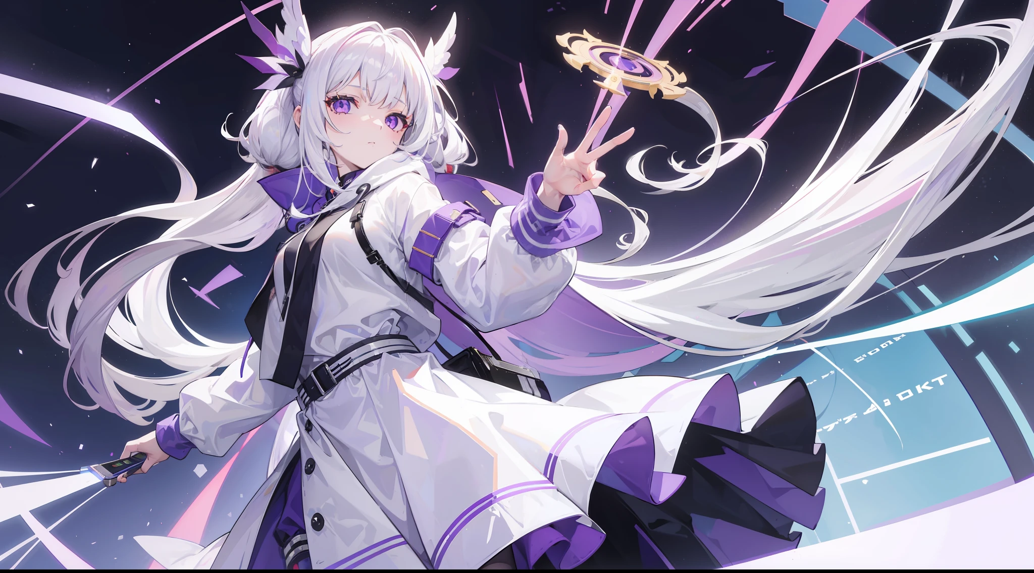 1girl, long white hair, purple eyes, wearing a hoodie, long skirt, school, absurdres, high res, ultrasharp, 8K, masterpiece, looking at viewer