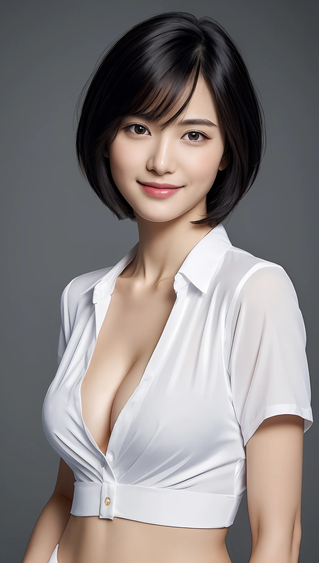 (masterpiece:1.3), (8k, photorealistic, RAW photo, best quality: 1.4), japanese, (1girl), beautiful face, (realistic face), (black hair, short hair:1.3), beautiful hairstyle, realistic eyes, beautiful detailed eyes, (realistic skin), beautiful skin, attractive, ultra high res, ultra realistic, highly detailed, golden ratio, (detaled face:1.2),looking at viewer,smile,open white shirt,medium breasts,standing,hand on hip