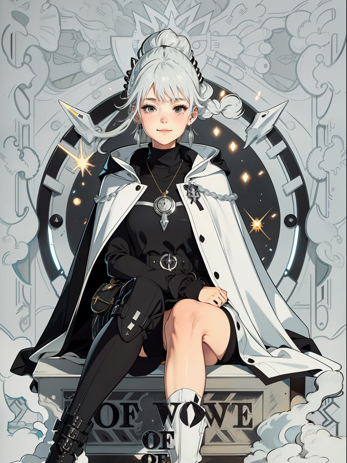 s girl，Silver-and-silver gradient hair，Partial bangs，Gray eye，Single twist braid，Pouting and smiling，Black turtleneck undershirt，Light long cape，Silver-toned fringed earrings，leg loops，Black high-heeled leather boots，your legs，Sit on a black box，Behind him is a European classical clock dial，eventide，natural soft light。