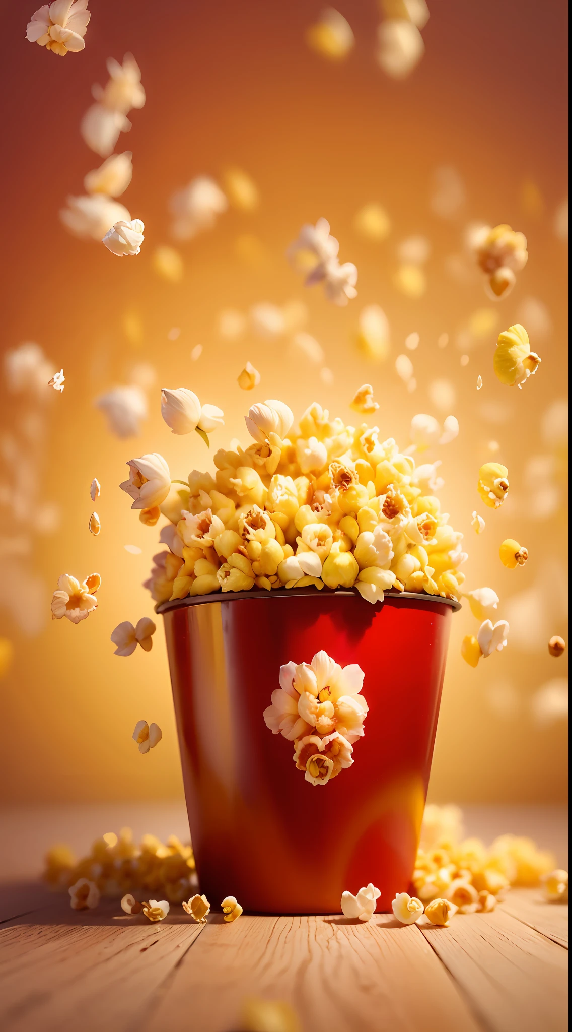 Popcorn shaped like a flower is packed in a red classic large round popcorn bucket, Explosive feeling, The sky falls in the air, conceptual art, Motion blur, Sparkle, god light, Fuji colors, hyper HD, retinas, Masterpiece, High details, Best quality,(yellow backdrop:1.3)