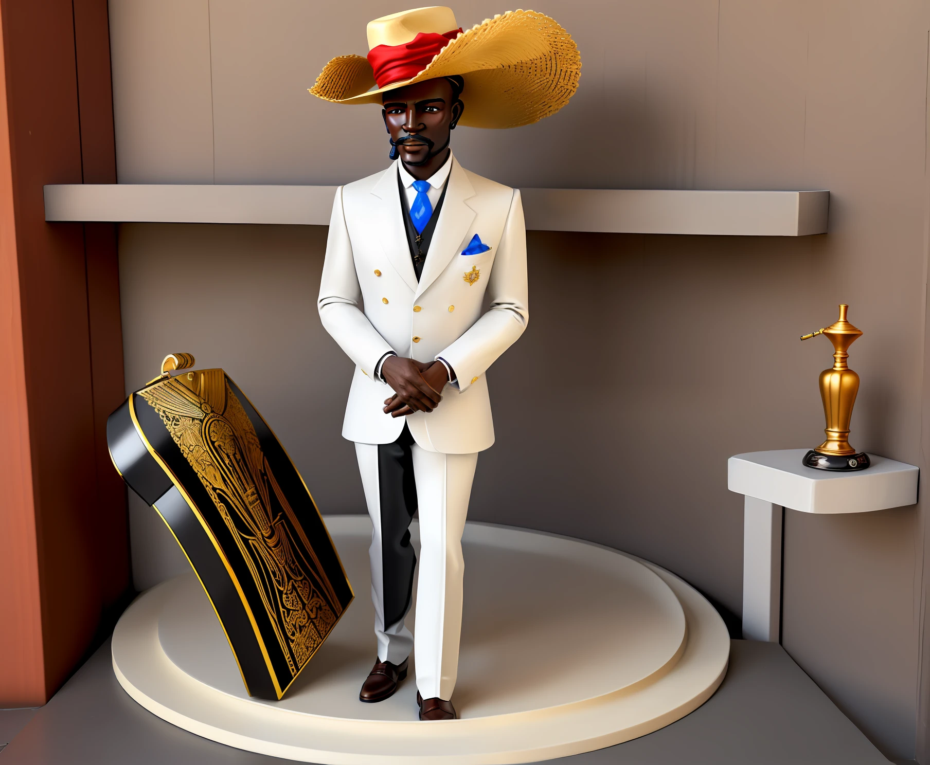 There is a man usando um pequeno white Panama hat, com uma tira vermelha e gravata rubra em uma plataforma de madeira, com um cinzeiro no topo, Antique piece, homem negro, cinzeiro, Alquimista Steampunk Africano, charuto, inspired by Ceferí Olivé, Figura de argila 3D, estatueta, a suited man in a hat, enquanto fuma um charuto, com charuto, charuto para fumar