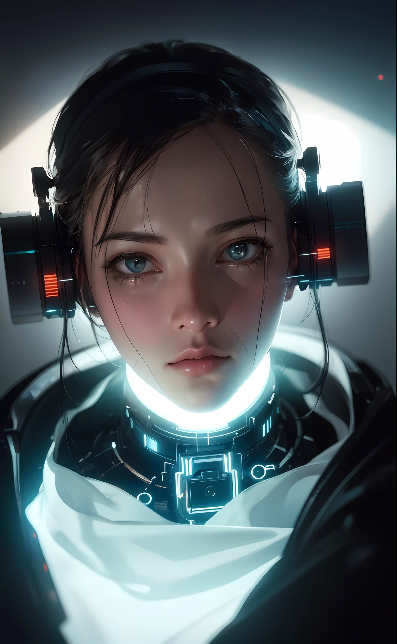 (editorial close-up portrait of cyber ghost), hack, code, cyborg, sci-fi, sharp focus, dof, bokeh, extremely detailed, intricate, realistic, (film grain), cinematic, POV, shot on nikon d850, film stock photograph, 4 kodak portra 400, f1.6 lens, rich colors, hyper realistic, lifelike texture, dramatic lighting, cinestill 800