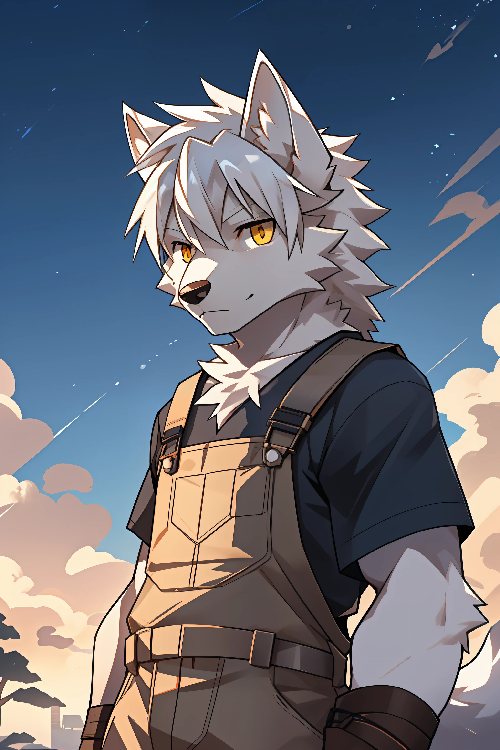 suburb,naturey,solo person,White body,White ears,White hair,Overall white,Orange-yellow eyes,Wolf tail,Wolf orcs,young,Wear a short-sleeved shirt,Ultra-clear screen,Soft lines