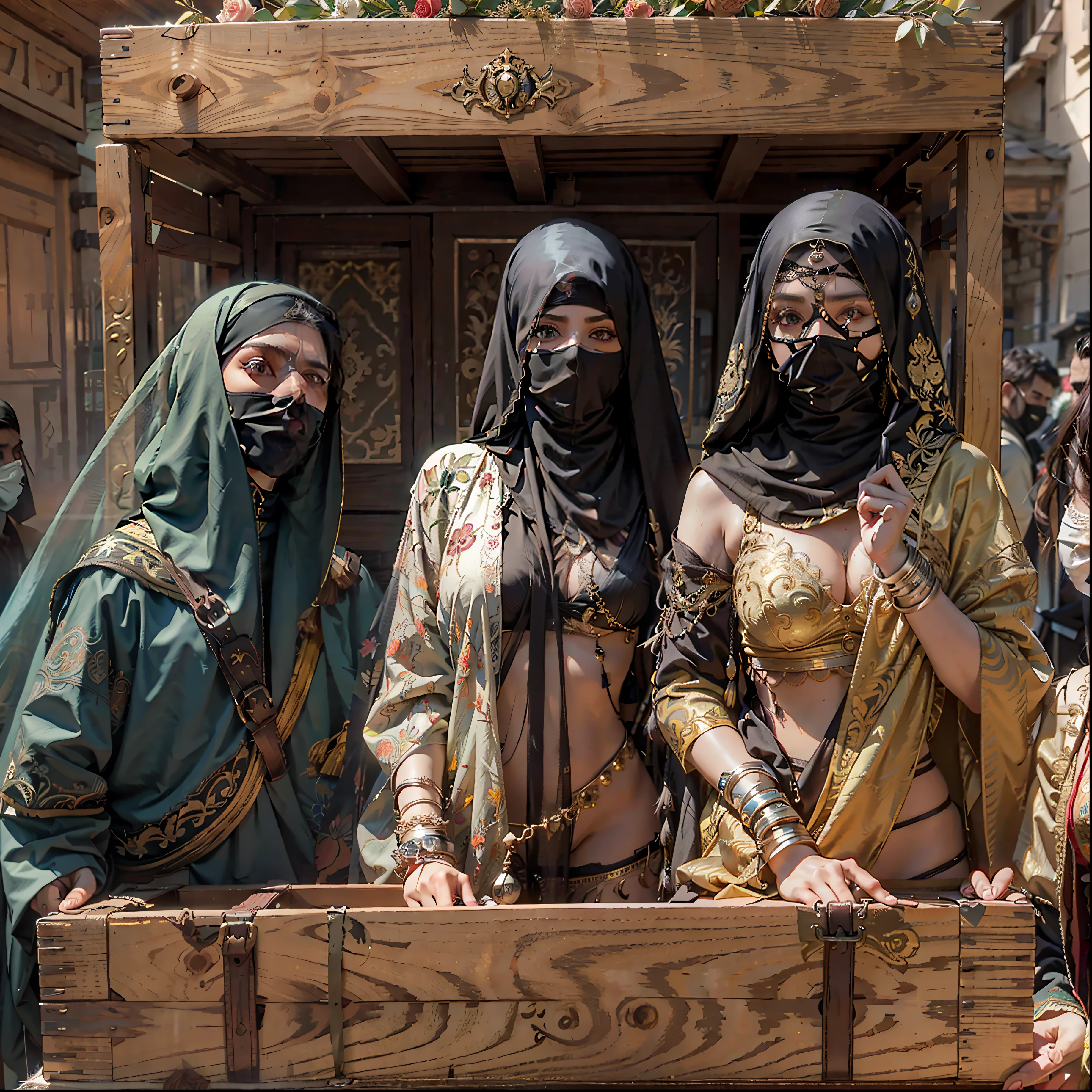 Six masked Arab slave girls were tied to the podium,binding,enslavement,Gaggage,bound waist,Blindfolded,handcuff,anklet,For people to choose,Masked woman in background opens wooden box,Drag out the bundled one,Slave girl trapped in a wooden box,A row of veils and masks on a luxury booth,Beautiful women wearing only underwear wear wear gorgeous burqas,There are female guests wearing veils,The masked female boss introduced on the side,All masked,In coastal cities,Modern luxury Arabian slave market,Slave girls monopolized the market,Luxury carpets,tapestry,Arabian luxury décor,Many Arab masked beauties,All Arab Beauty employees,All-Arab female guests, Cinematic texture