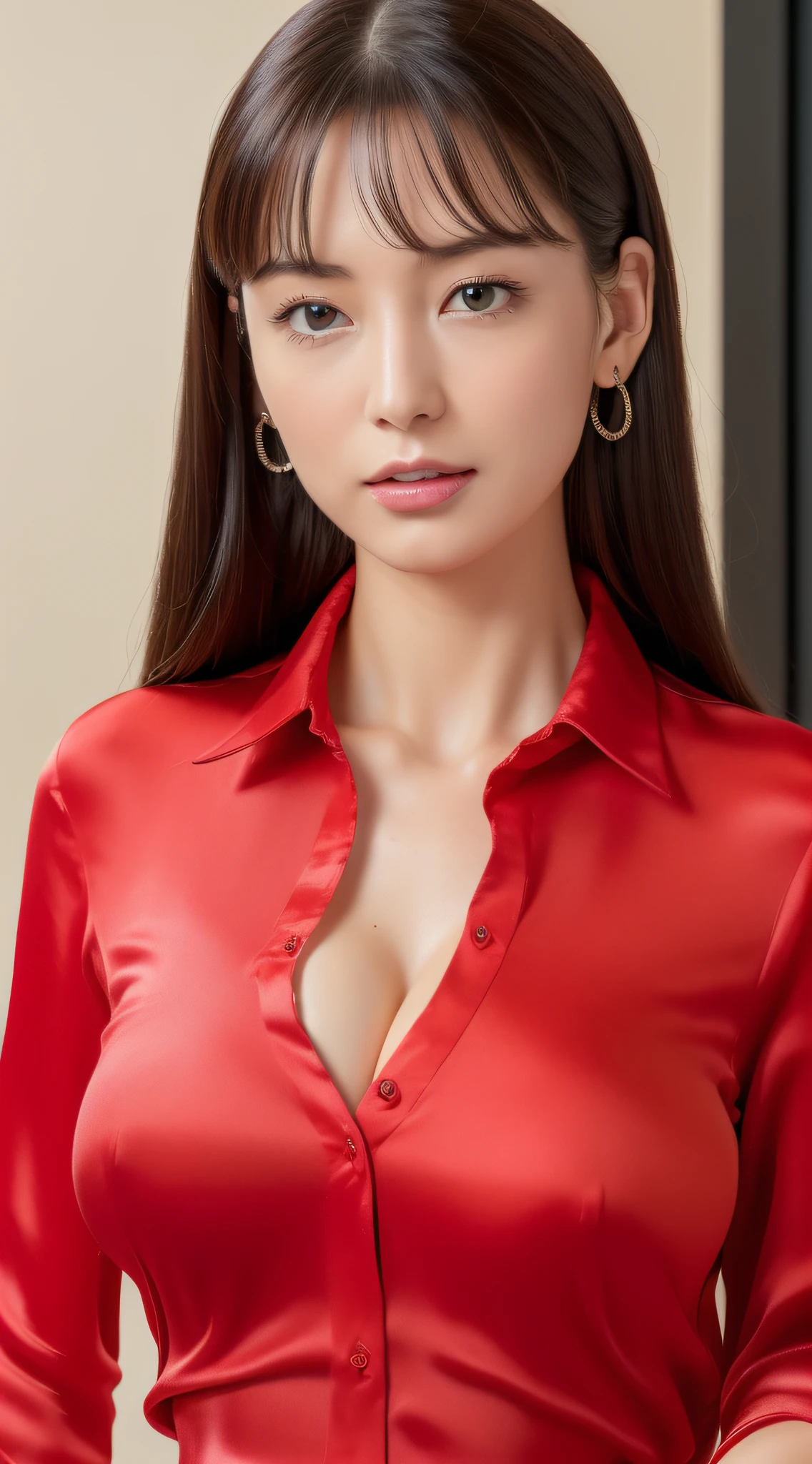 (((Best Quality, 8K, masutepiece: 1.3))), (((Colossal tits: 1.9))), (((Silk Red Shirt)))