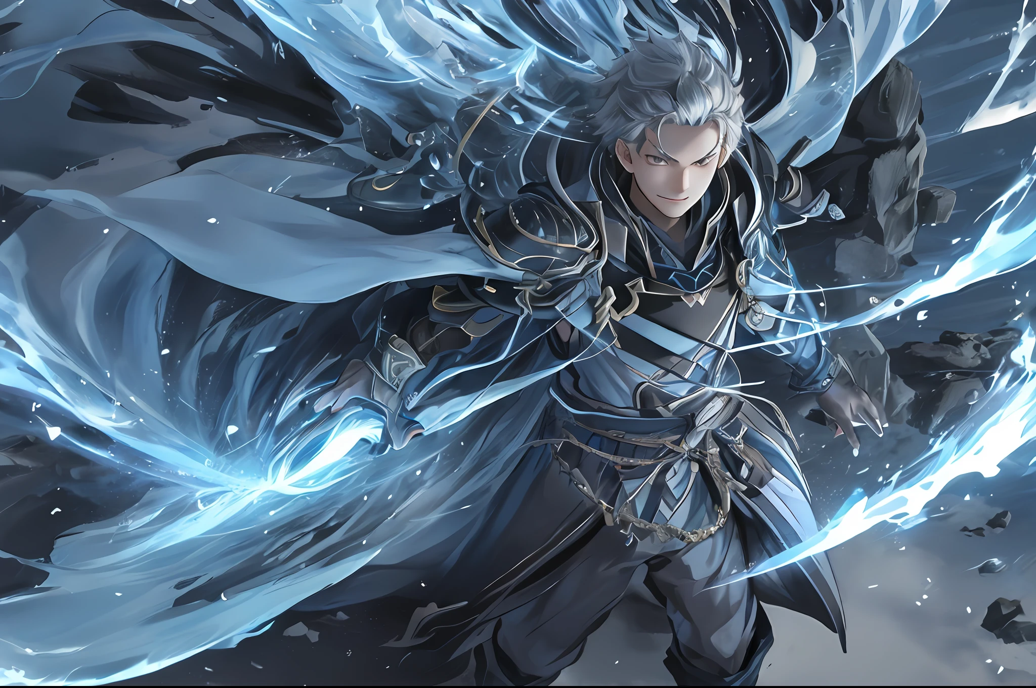 (1 Adult male),A high resolution, Sharp focus, Pixiv masterpiece, ((Complicated details)), highly detailed, natsuki_subaru, 1 man, ssmile,full bodyesbian, greene eyes(eyes glowing), with short white hair,Armour,cloaks,Shoulder armor,perspire,look from down