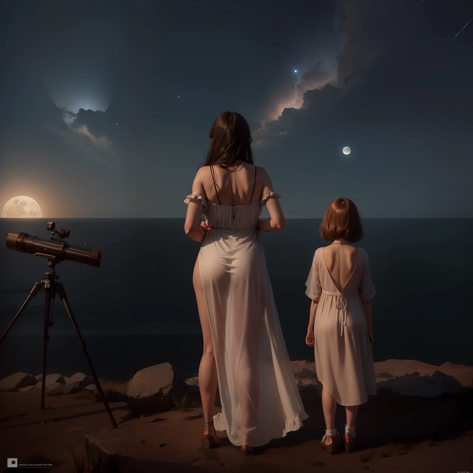 Une femme portant une robe avec sa fille, son dos nu, Watch the descent of witnesses in front of the sea and the moon The descent of many meteors and comets telescope next to them