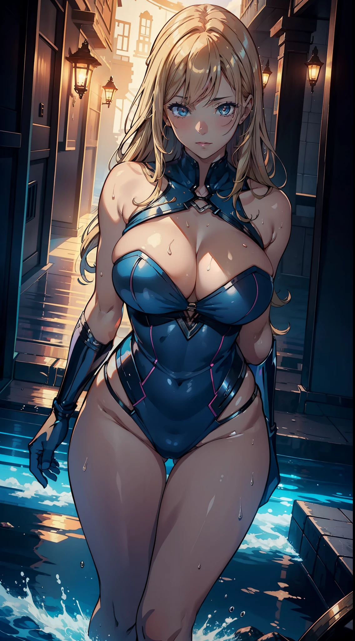 1female,35yo,Huge breasts, 独奏, wonder women,Dressed in blue cyberpunk style,,比基尼,nakeness, Beautiful legs and buttocks ,the ocean, She has long flowing blonde hair, ,Sateen,Bigchest, From the front side, Wet straight hair, Sweating profusely,mostly cloudy sky,(tmasterpiece),(Very detailed CG unity 8K wallpaper),best qualtiy,cinmatic lighting,detailed back ground,beatiful detailed eyes,Bright pupils,(Very fine and beautiful),(Beautiful and detailed eye description),ultra - detailed,facing at camera,A high resolution,ultra - detailed),Very long hair,standing on your feet,Emotive expressions,Smile,Chest sagging,Camel toes,with no underpants,extremely large bosom,Expose the lower body,revealing breasts,Shoulders exposed,Extremely colorful,Most detailed,fully body photo,The face is well lit