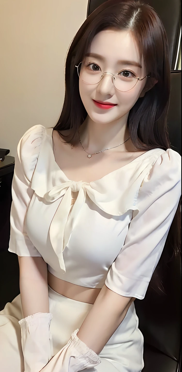 ((Best quality, 8k, Masterpiece :1.3)), 1girl, beautiful woman with emphasis on plump abs: 1.3, (dark brown hair, big breasts: 1.2), (white blouse, sitting on the chair :1.2), ultra-delicate face, delicate eyes, double eyelids, smile, office, glasses