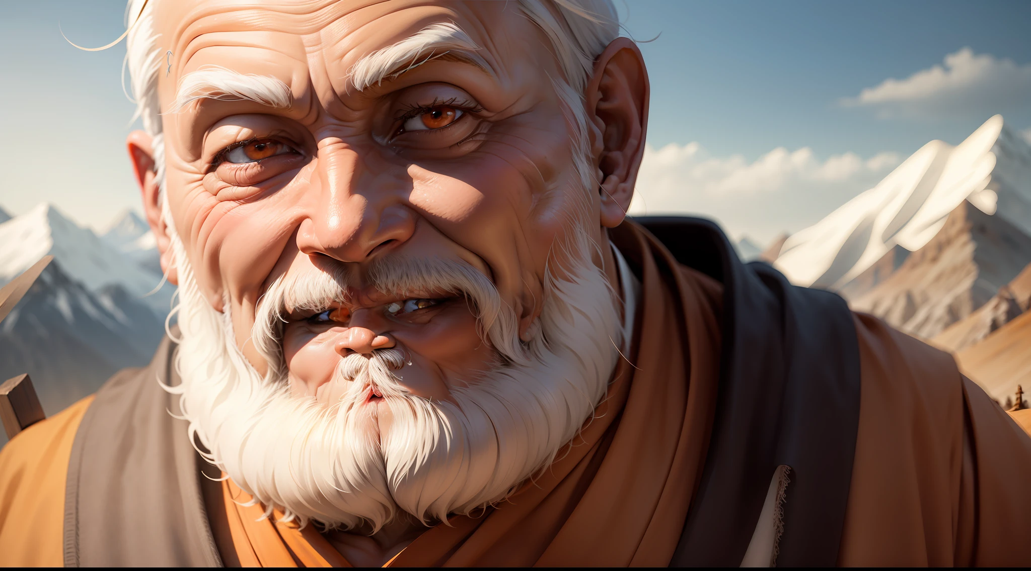 Image shows an old monk, with white beards, wearing long and orange clothes, traditional dress of Sholin Buddhist monks, with expression of joy on his face, In the background of the image, mountains disappearing in the eyes, the image should be highly realistic and cinematic quality , with attention to detail on the face, especially the eyes, nose and mouth, attention to detail on the body, lighting, materials and composition.