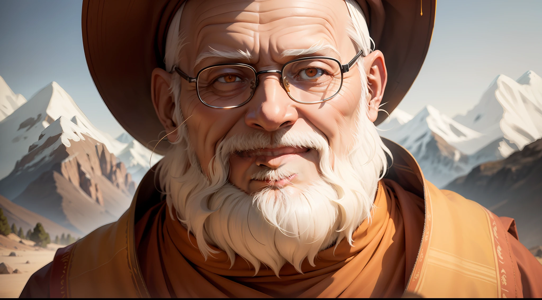 Image shows an old monk, with white beards, wearing long and orange clothes, traditional dress of Sholin Buddhist monks, with smile on his face, In the background of the image, mountains disappearing in the eyes, the image should be highly realistic and cinematic quality, with attention to detail on the face especially the eyes, nose and mouth attention to detail on the body, lighting, materials and composition.