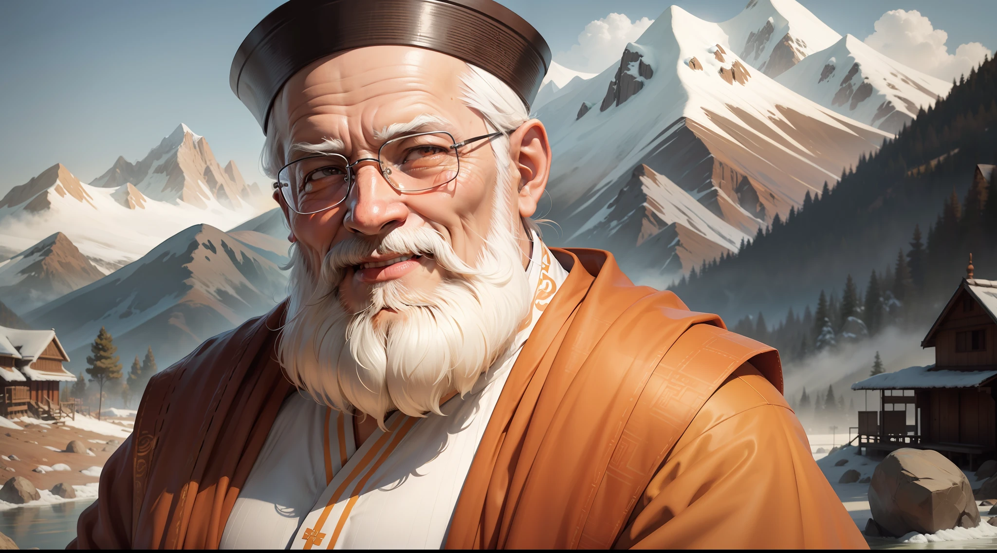 Image shows an old monk, with white beards, wearing long and orange clothes, traditional dress of Sholin Buddhist monks, with smile on his face, In the background of the image, mountains disappearing in the eyes, the image should be highly realistic and cinematic quality, with attention to detail on the face especially the eyes, nose and mouth attention to detail on the body, lighting, materials and composition.