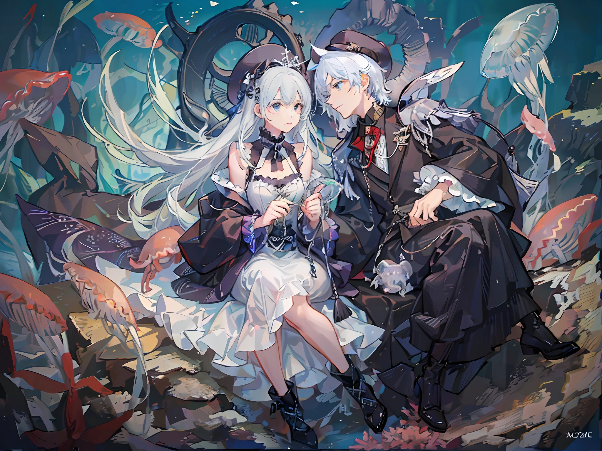 A scene of best quality, masutepiece, Very detailed, 8K, wallpaper and fantasy quality, BREAK showing undersea environment, BREAK where (a young couple :1.8), (many jellyfishes :1.4) And (fishes :1.2) are present, Resting couple sitting on a rock at the bottom of the sea、They stare at each other, BREAK with cool colors, cold color, Calm atmosphere, Wide Shot, 28mm and bird's eye view effects.((((A detailed face))))