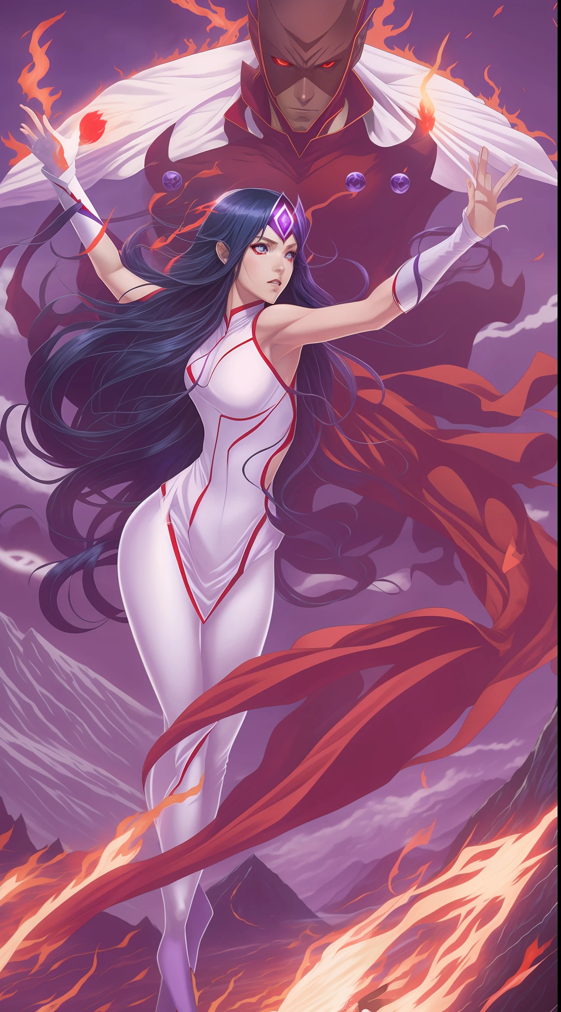 Scarlet Witch and Hinata Hyūga Fusion, Sensual body, Long navy blue hair with flying red hair, Full body, White costume with purple ninja dress, flying, white eyes, powers flaming purple skulls in hands, mountain background