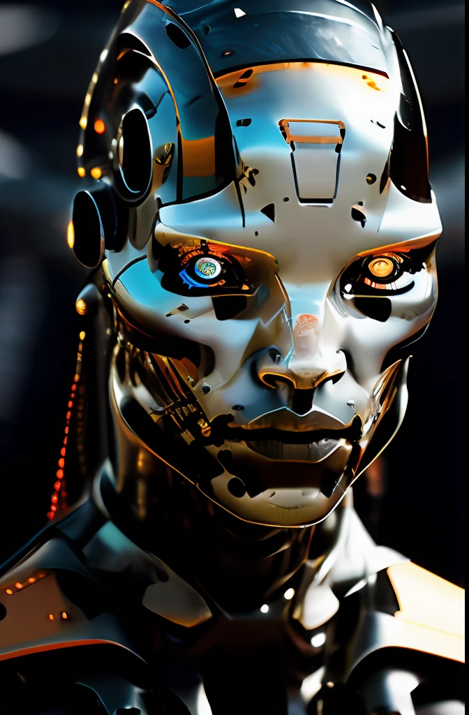 a closeup of a cyborg , deep focus, intricate details, matt black and orange colors, day, midday, photograph, highly detailed, 16k, blue bright eyes