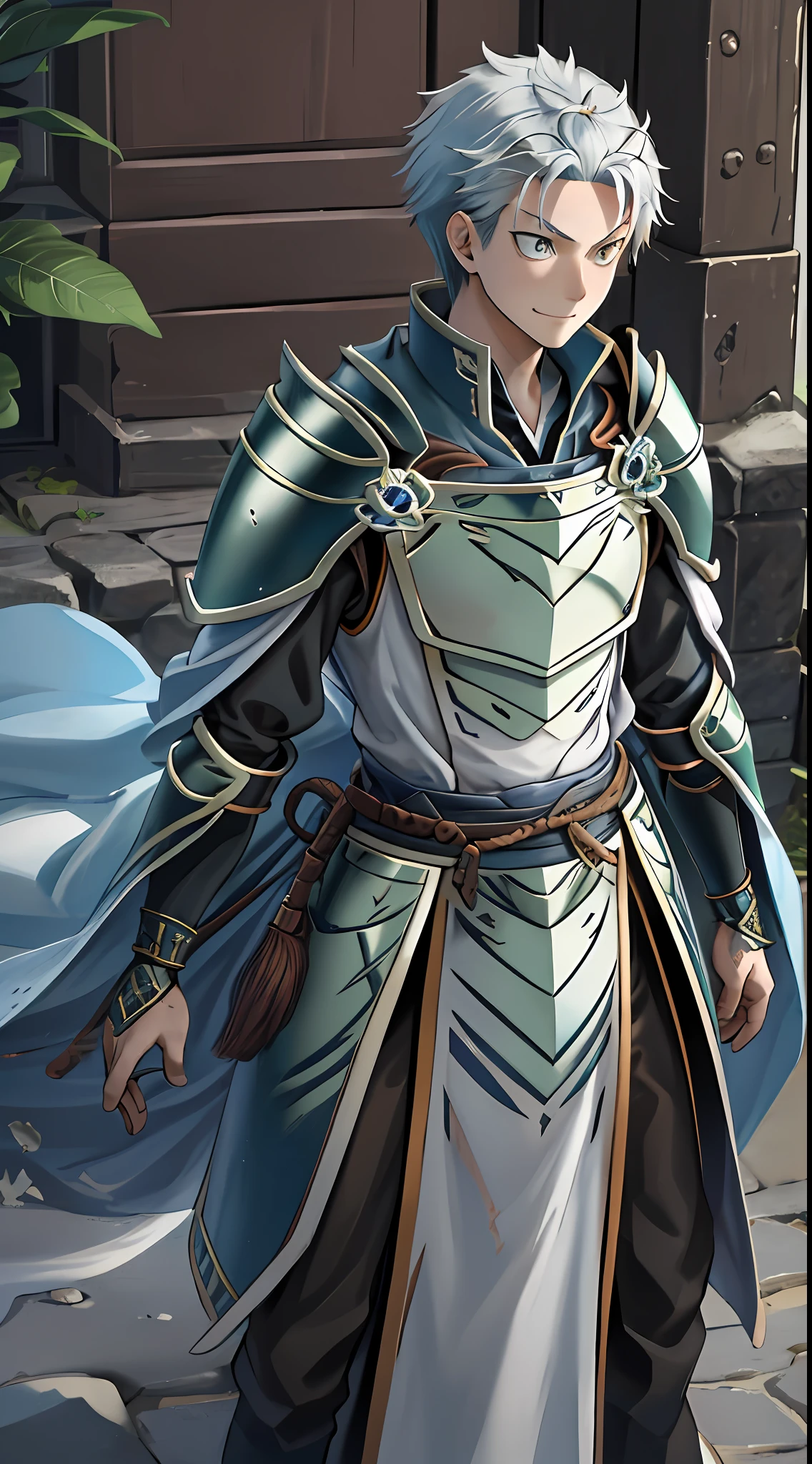 (1 Adult male),A high resolution, Sharp focus, Pixiv masterpiece, ((Complicated details)), highly detailed, natsuki_subaru, 1 man, ssmile,full bodyesbian, greene eyes(eyes glowing), with short white hair,Armour,cloaks,Shoulder armor,perspire,look from down