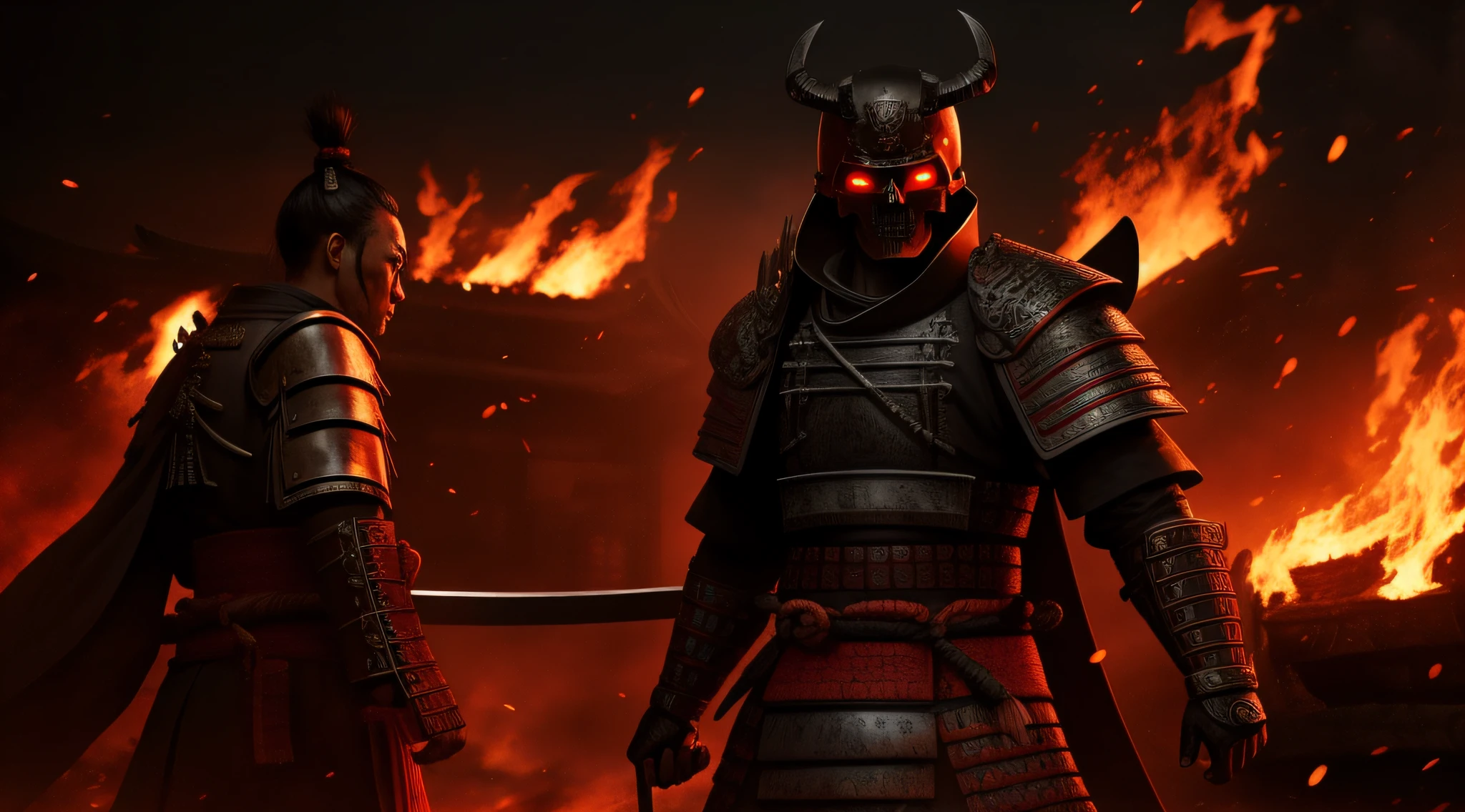 A samurai with a human skull head and burning eyes in a post-war setting with dark details and intense atmosphere. Fight scenario