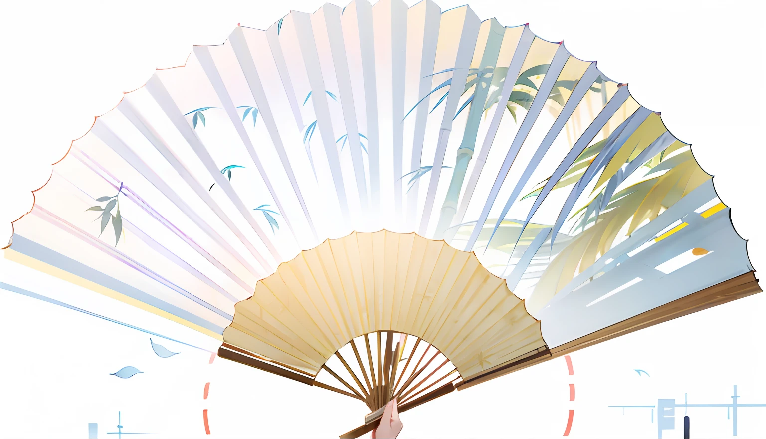 ancient wind，Chinese big breasts，folding fan，folding fan，Paper，Bamboo leaves，Top-down perspective，Movie lighting，higher details