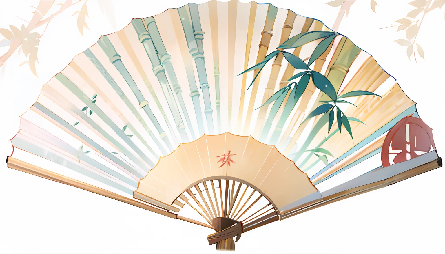 ancient wind，Chinese big breasts，folding fan，folding fan，Paper，Bamboo leaves，Top-down perspective，Movie lighting，higher details