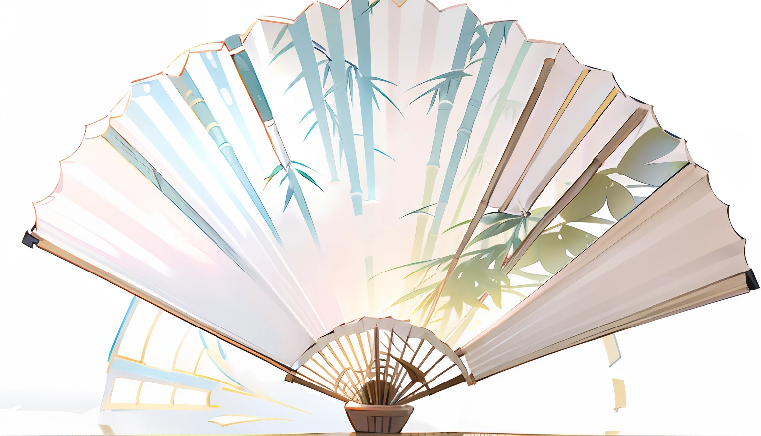 ancient wind,Chinese big breasts,folding fan,folding fan,Paper,Bamboo leaves,Top-down perspective,Movie lighting,higher details