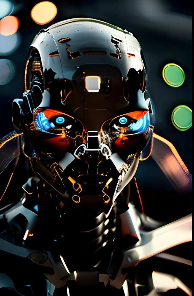 a closeup of a cyborg , deep focus, intricate details, matt black and orange colors, day, midday, photograph, highly detailed, 16k, blue bright eyes