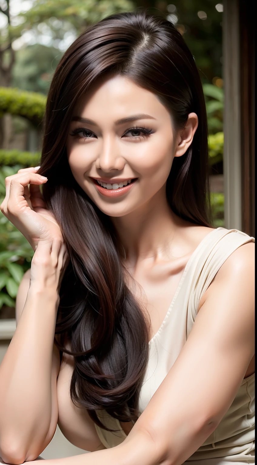 Fashion model 22 years old [[[[closeup cleavage]]]], [[[[boobgasm]]]], [[[[coll]]]], [[[[bshoulders]]]], perfect  eyes, Perfect iris，Perfect lips，perfect teeth，Perfect skin，Long face，slender nose，Soft front light，hdr，Movie girl，Pink clothing，white apparel，red attire，green outfit，long whitr hair，Long hair with a shawl，Long hair like a waterfall，The background is external，Green leaves and flowers in the background，（pastel colour：1.2）