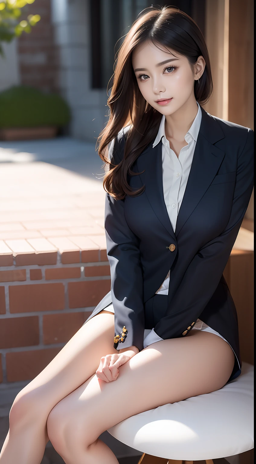 (Masterpiece:1.2), (Best quality), (Full body like:1.3) ,(Ultra detailed), (8K, Intricate), (Lens 135mm,F1.8), (Photorealistic)(Black background:1.3), Portrait photography,(dynamicposes),Side lighting,Edges are lit,Best shadow,Area light source,Perfect anatomy,Perfect face shape,Perfect for women,First-class female body,Refines skin texture,Fine cloth pattern,Meticulous beauty,Delicate and delicate skin,highlydetailed skin,paleskin,Delicate hair,glistning skin,top Quority, realisticlying, 8K, k hd, 1 rapariga, Female pervert, (Full body like:1.3), schools,痴女, blazer jacket, 校服,Visible nipple, with no underpants, The skirt is boldly pulled up, ((sit on chair,legs are open)), bend the knees and open the legs, The hairstyle is slightly shorter, Open your legs by grasping your knees with your hands, Buttoned shirt flutters