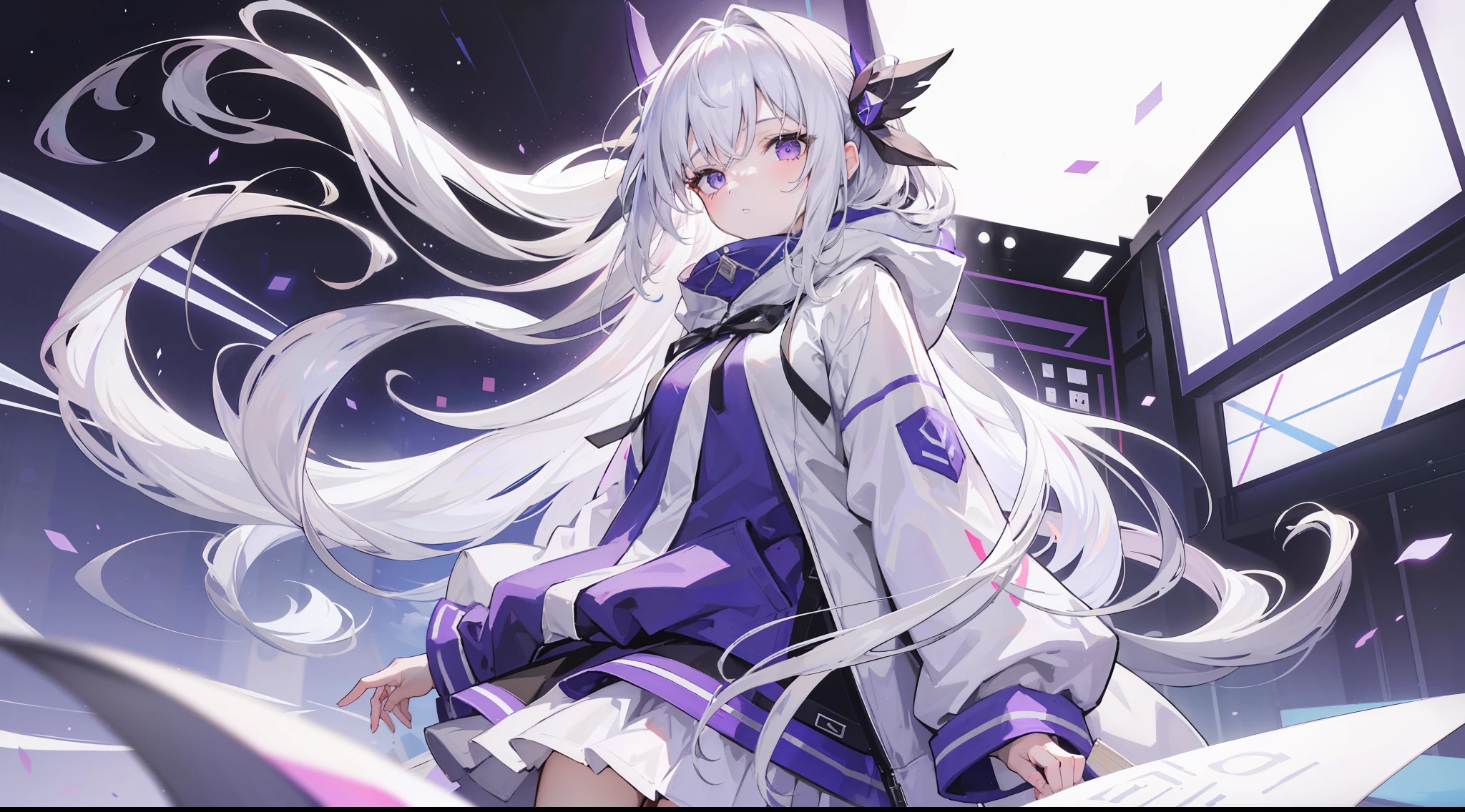 1girl, long white hair, purple eyes, wearing a hoodie, long skirt, school, absurdres, high res, ultrasharp, 8K, masterpiece, looking at viewer