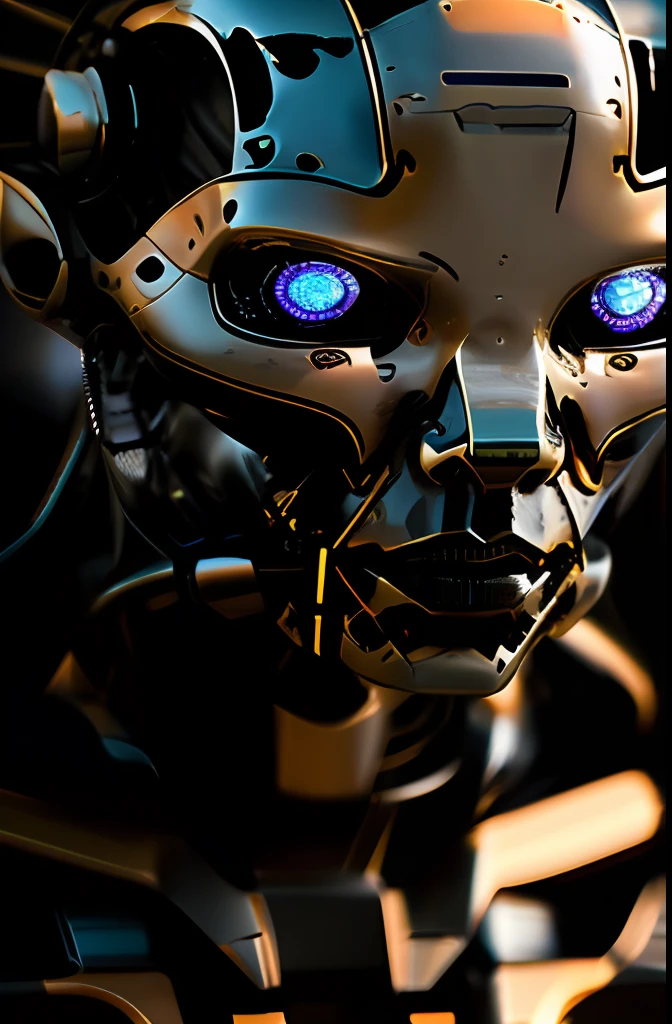 a closeup of a cyborg , deep focus, intricate details, matt black and orange colors, day, midday, photograph, highly detailed, 16k, blue bright eyes