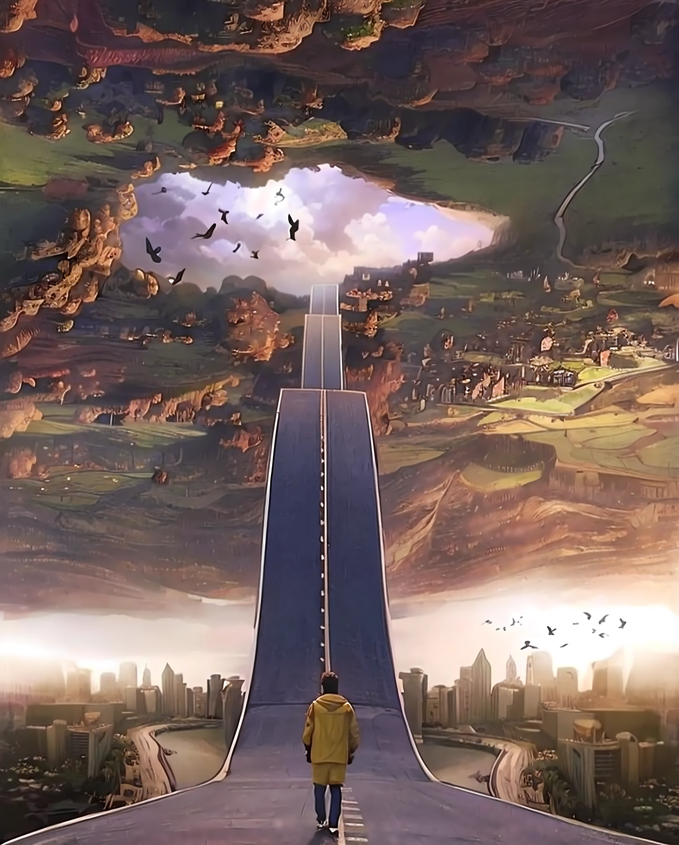 ((melhor qualidade, 8k, obra-prima: 1.3))estrada que leva a uma cidade com um homem em um skate, obra sobre um caminho para a liberdade, incredible perspective, sky bridge, Pintura fosca otimista, A jornada da vida, paper awesome wallpaper, Caminhando no topo de uma pequena cidade, Leading to the sky, arte surreal, magic realism matte painting, arte digital surreal, Tinta escura surreal, surrealism aesthetic. 4k