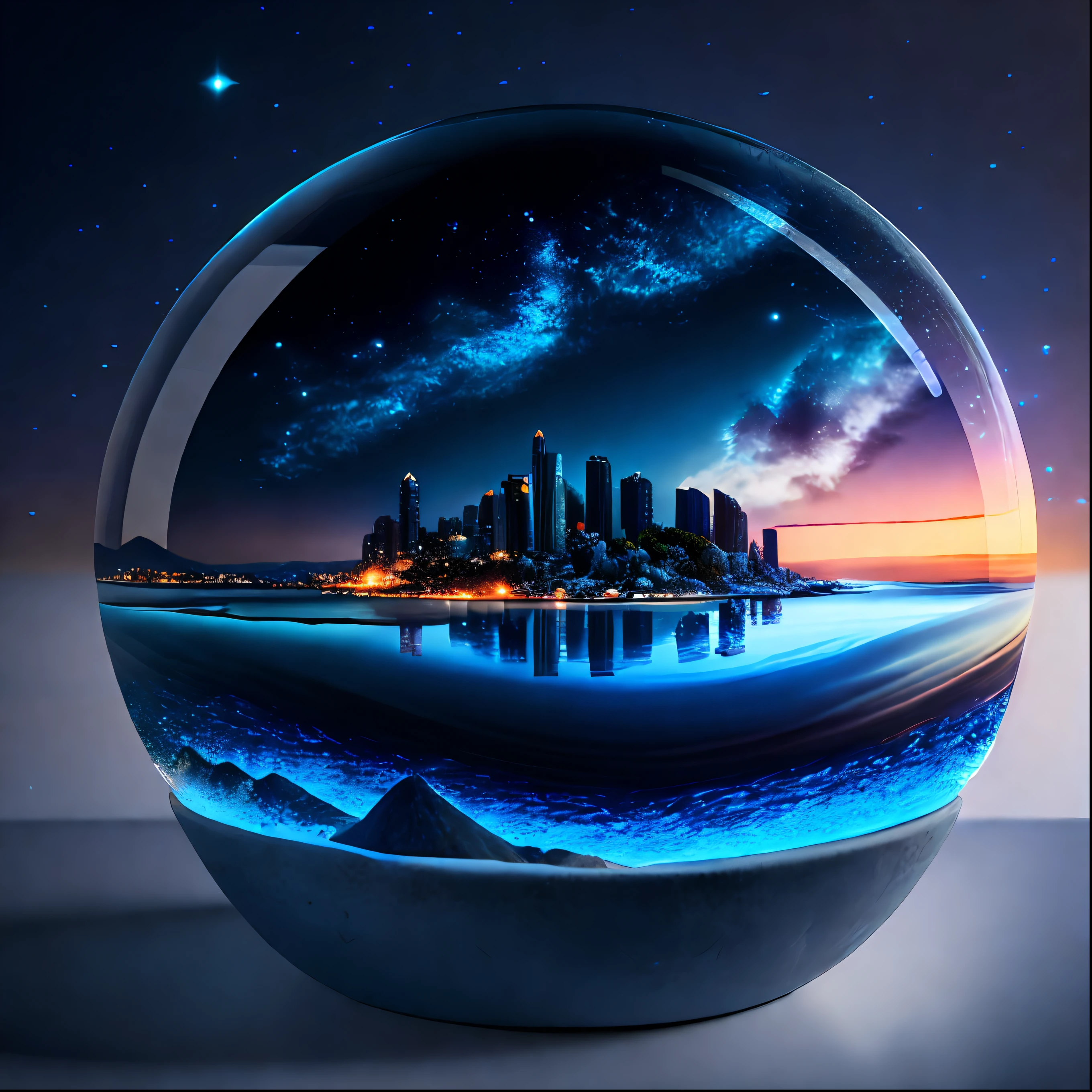 A small city sits on an island in a ceramic bowl filled with water| Beautiful night sky | photo manipulation| Beautiful composition,8K,hdr