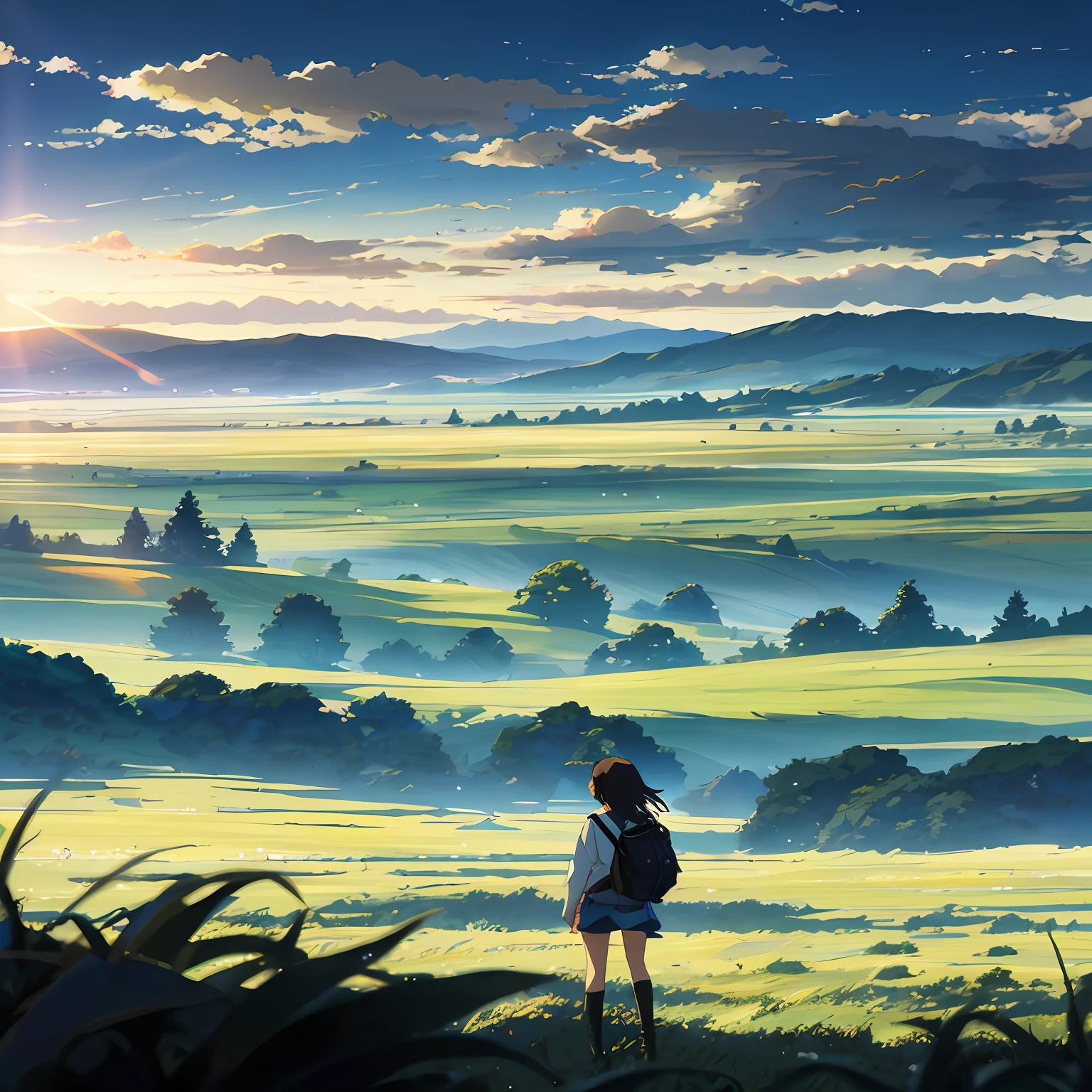 Anime scene of a woman standing on a hill overlooking a valley, cabelo longo preto, corajoso. por Makoto Shinkai, Estilo de Makoto Shinkai, anime. por Makoto Shinkai, Makoto Shinkai!, por Makoto Shinkai, por Makoto Shinkai, ( ( Makoto Shinkai ) ), Makoto Shinkai Estilo de Arte, studio glibly makoto shinkai
