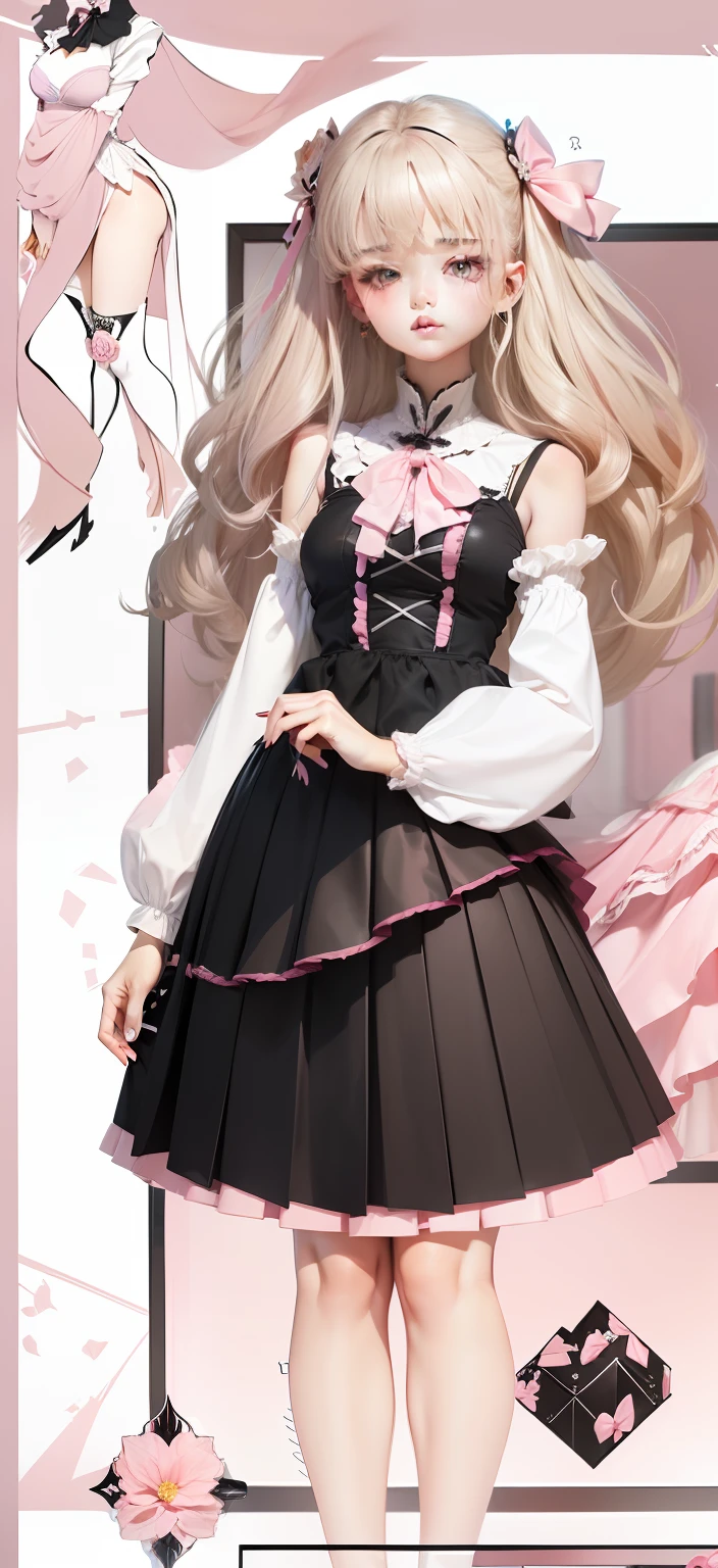 The skirt has pleats，Delicate facial features，putting makeup on，There is a bow design at the waist，The skirt is pink black，Has a long skirt，opulent，ellegance，adolable，Sweet cool，big breasts beautiful，Little idol，There are some rose designs