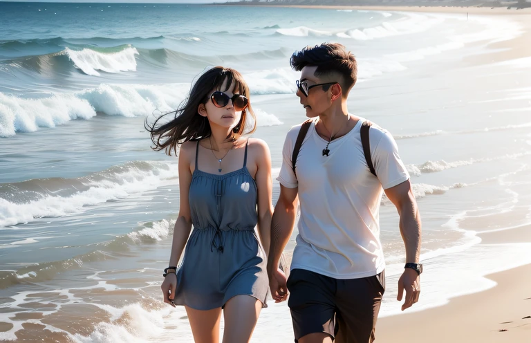 Mare:Couple making noise on bright beach in summer、Two people walking leisurely、No facial collapse or deformities of limbs