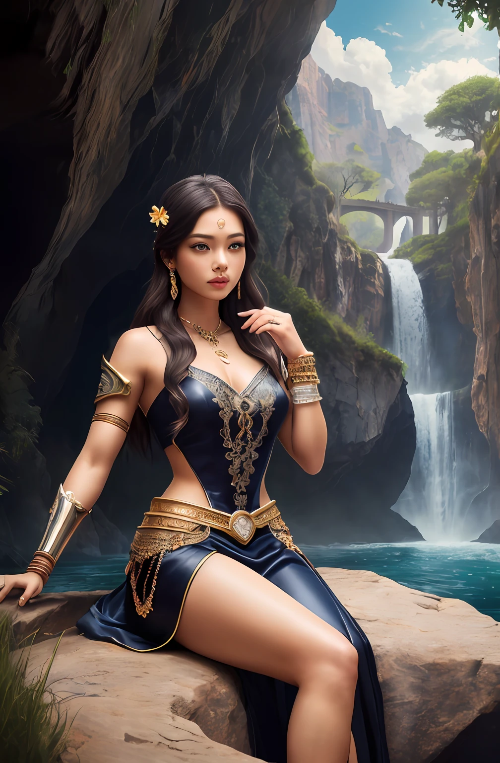 ((Realistic:1.5)),Ulzzang-6500:1.4,((Best quality)), ((Masterpiece)),((Detailed)),2girls,duo,{2 beautiful women}, (Upper body:1.3),Hug and touch each other, Tease your friend's waist, Breathless friends, Biting a friend's earlobe, crouched,super wide shot,Face focus, Long legs,Curvy, Barefoot,Wide hips, Thin legs, Oversized eyes,Long eyelashes, (Detailed face,beautidful eyes, detailedpupils,detailed clothes features, Clear background:1.3), (armlets, bangle:1.3), Mysterious ancient ruins, floresta exuberante, Deep canyon,bridge,River,cliff,Cloud,lakes,Rock music,Waterfalls, Flowers, Grass,grape trees,tree,bright detail,Sharp,Perfect compounding, Intricate, Sharp focus, Dramatic,