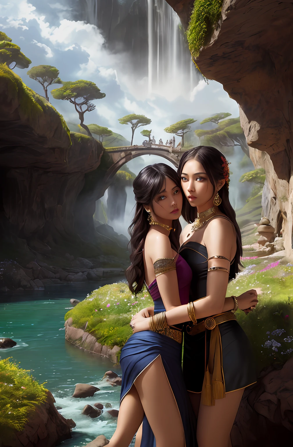 ((Realistic:1.5)),Ulzzang-6500:1.4,((Best quality)), ((Masterpiece)),((Detailed)),2girls,duo,{2 beautiful women}, (Upper body:1.3),Hug and touch each other, Tease your friend's waist, Breathless friends, Biting a friend's earlobe, crouched,super wide shot,Face focus, Long legs,Curvy, Barefoot,Wide hips, Thin legs, Oversized eyes,Long eyelashes, (Detailed face,beautidful eyes, detailedpupils,detailed clothes features, Clear background:1.3), (armlets, bangle:1.3), Mysterious ancient ruins, floresta exuberante, Deep canyon,bridge,River,cliff,Cloud,lakes,Rock music,Waterfalls, Flowers, Grass,grape trees,tree,bright detail,Sharp,Perfect compounding, Intricate, Sharp focus, Dramatic,