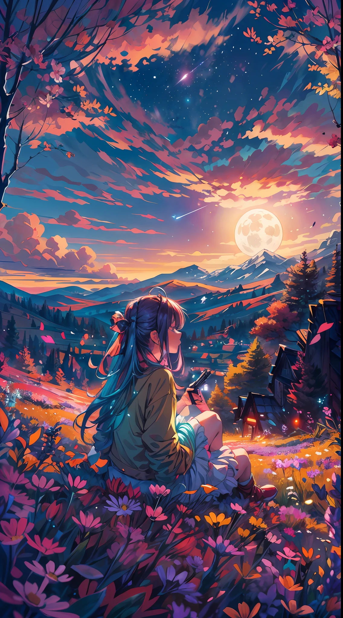 A wide landscape photo, (viewed from below, the sky is above, and the open field is below), an anime girl sitting on colorful flowers field looking up, (full moon: 1.2), (meteor: 0.9), (nebula: 1.3), distant mountains , shooting stars, Trees BREAK Crafting Art, (Warm Light: 1.2), (Firefly: 1.2), Lights, Lots of Purple and Orange, Intricate Details, colorful palette,Volumetric Lighting BREAK (Masterpiece: 1.2), (Best Quality), 4k, Ultra Detailed, (Dynamic Composition: 1.4), Rich in Detail and Color, (Rainbow Color: 1.2), (Glow, Atmospheric Lighting), Dreamy, Magical, (Solo: 1.2)