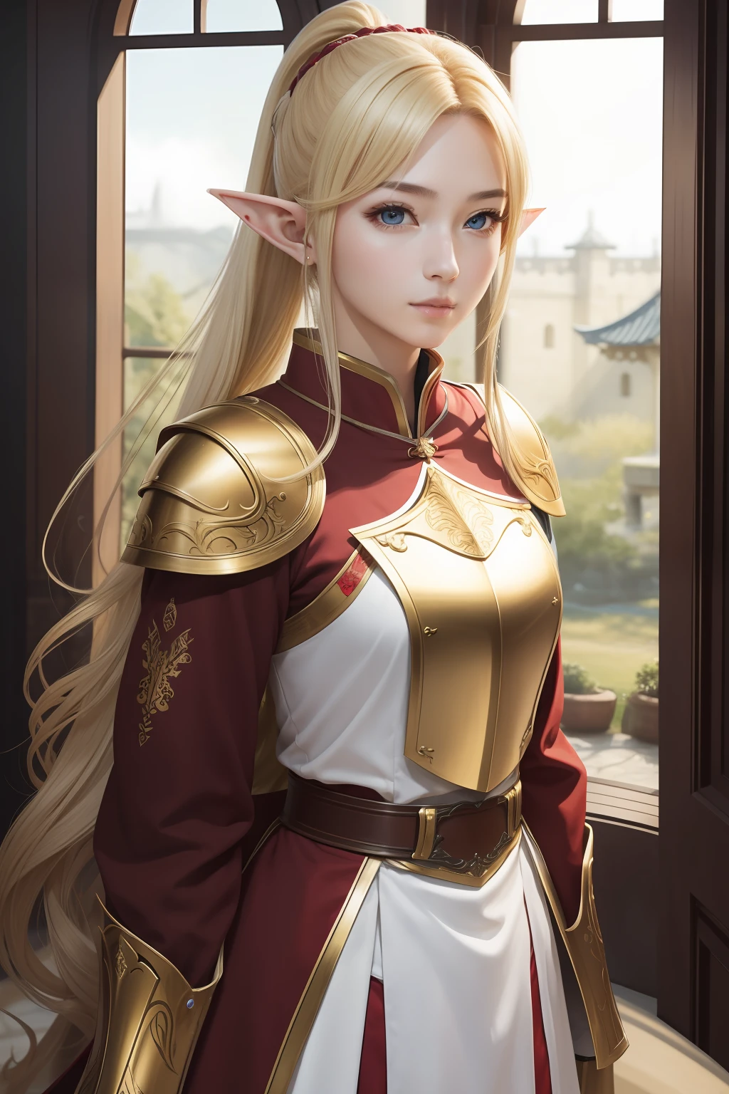（​masterpiece）8K分辨率、top-quality、well-groomed and delicate eyes、Woman in Knight's Uniform、Nice Buddy、Golden hair ponytail、elf-ears、Red and White Knight Uniform、
