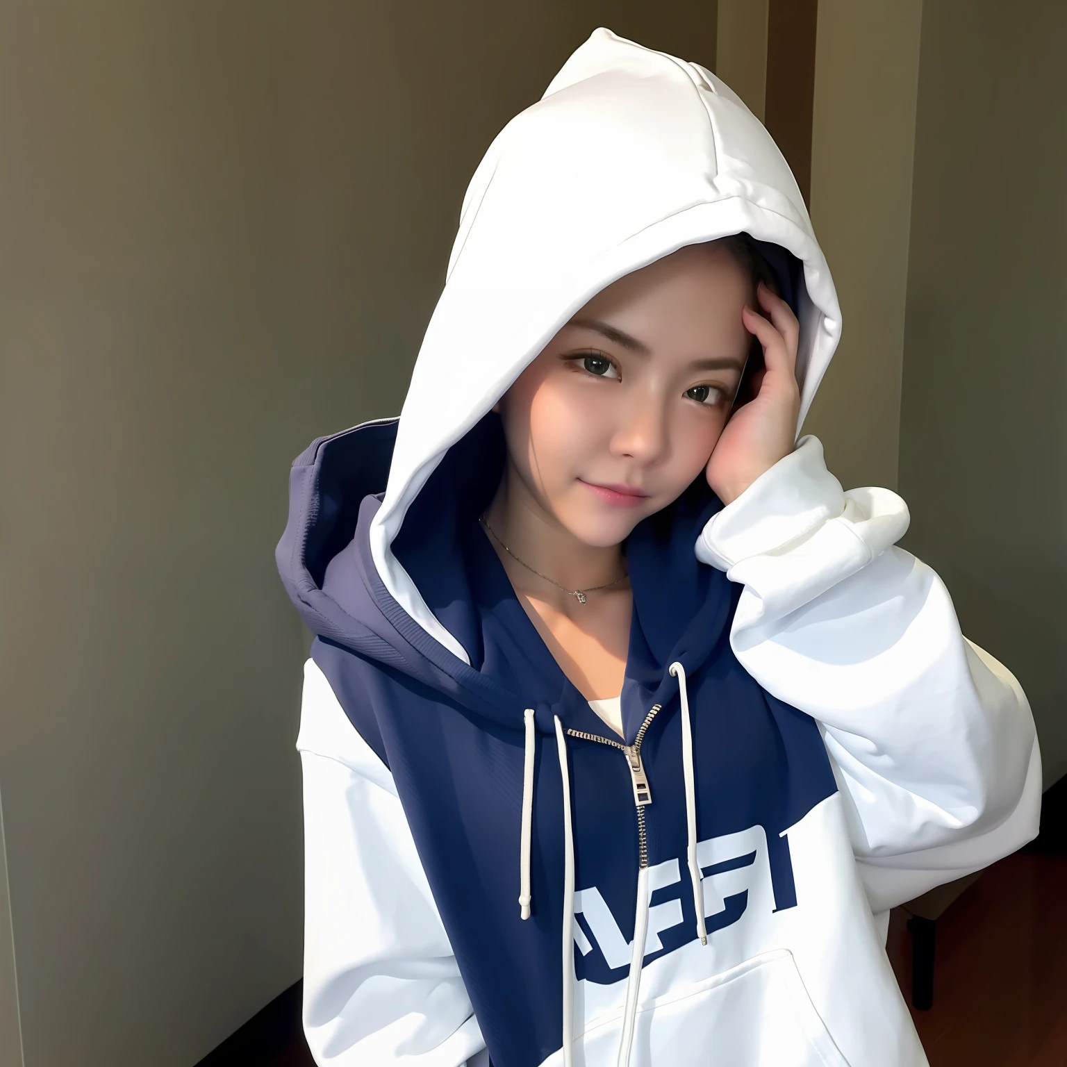 1 girl with wearing hoodie, the hoodie covering a head, no hair, no showing hair, white hoodie, cute pose, selfie pose, ultra detail, realistic