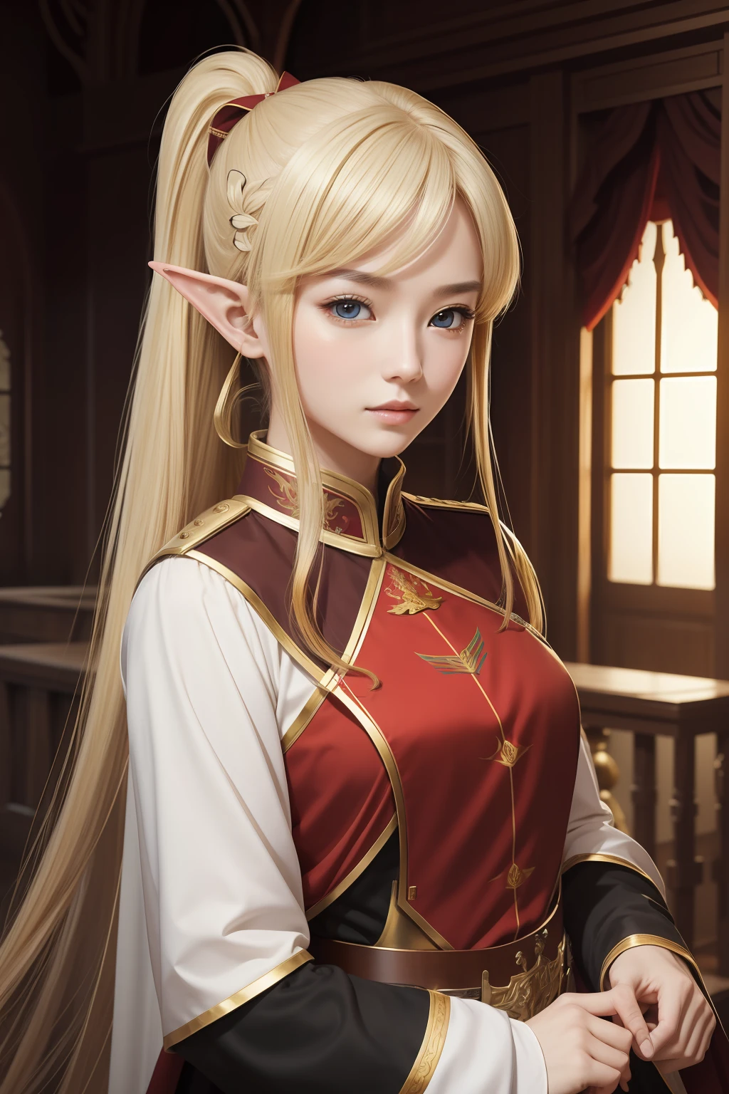 （​masterpiece）8K分辨率、top-quality、well-groomed and delicate eyes、Woman in Knight's Uniform、Nice Buddy、Golden hair ponytail、elf-ears、Red and White Knight Uniform、