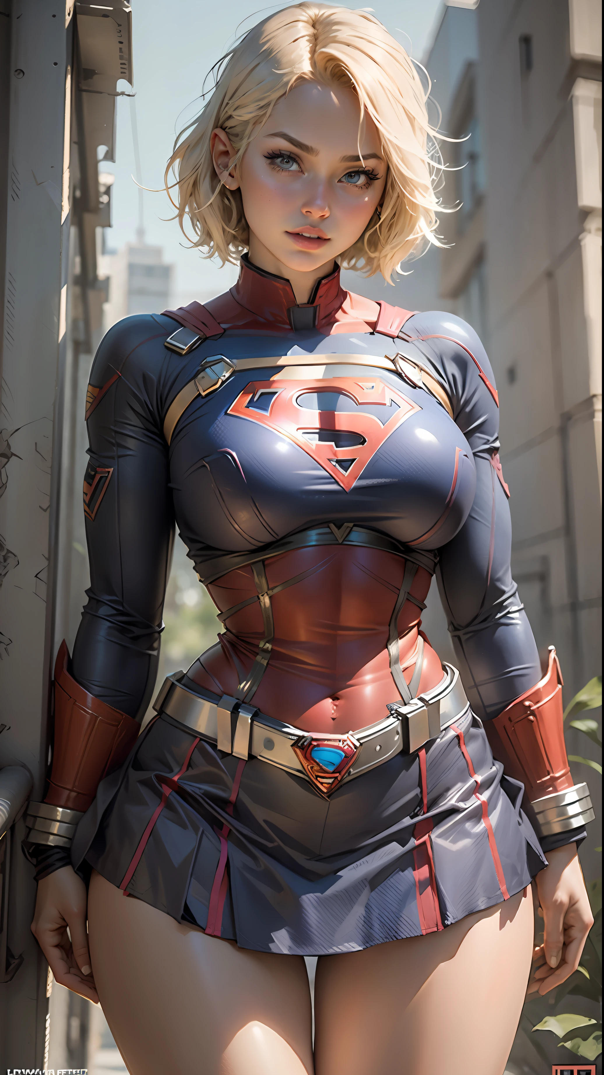 Beautiful woman short hair defined body big breasts, big thighs wearing a Supergirl cosplay