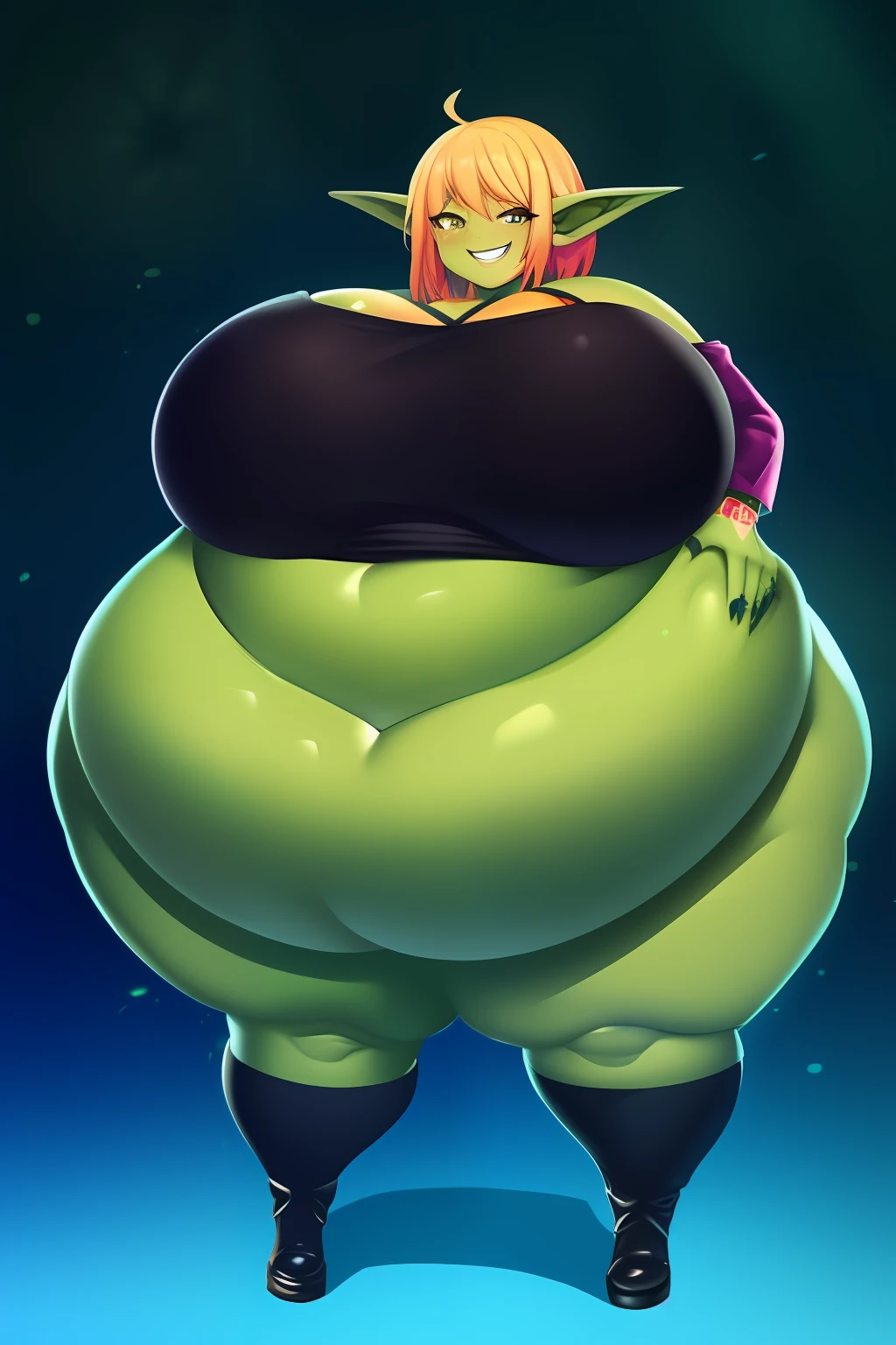 full body, goblin girl, short stack, shorty, sharp detail, colourful, vignette, particles, tattoo, colorful, anime style, novel illustration, beautiful, digital painting, big expressive eyes, happy smile, excited, hyper, big belly, wide hips, big boobs, green skin, (massive boobs:1.5), obese