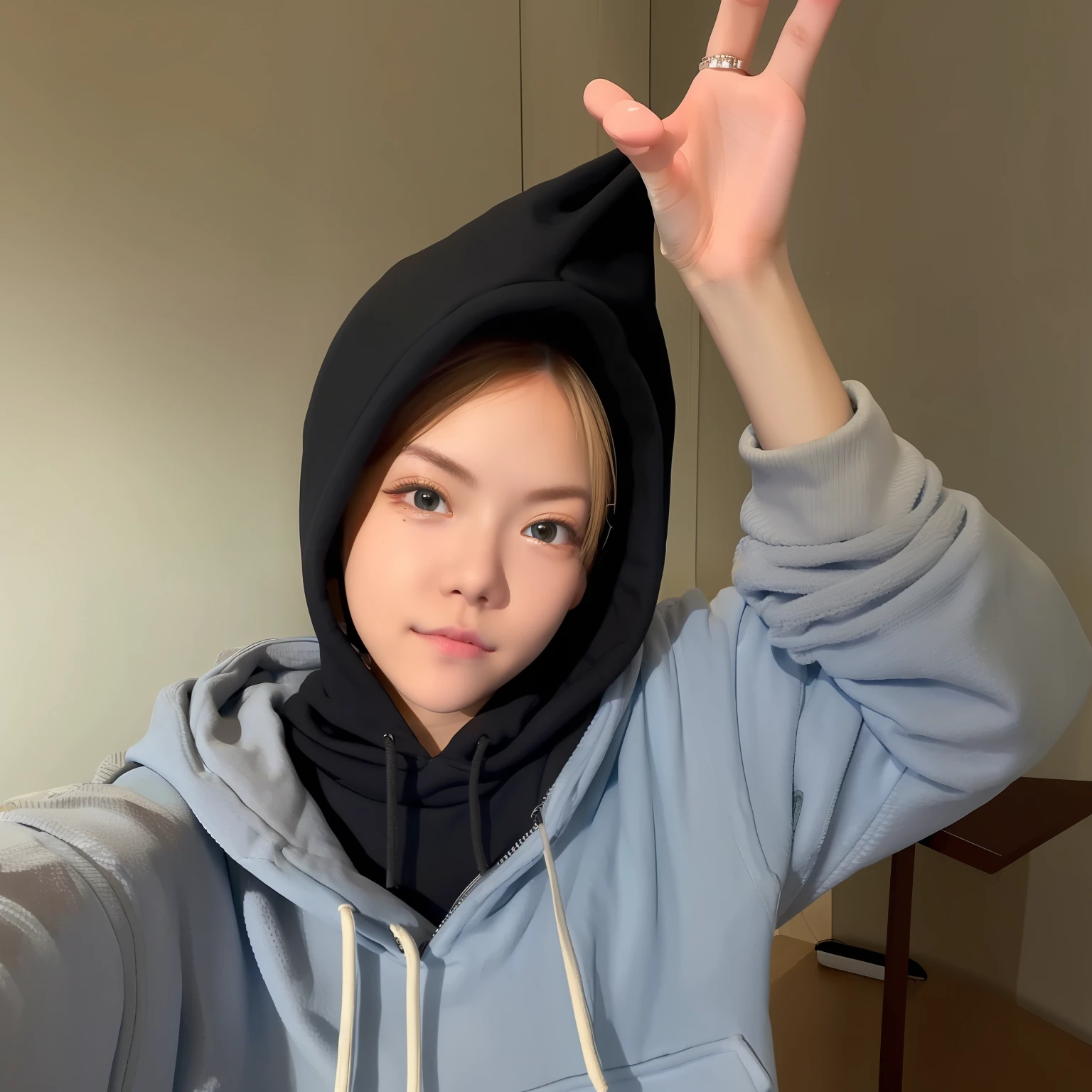1 girl with wearing hoodie, the hoodie covering a head, no hair, no showing hair, black hoodie, cute pose, holdinh selfie pose, ultra detail, realistic