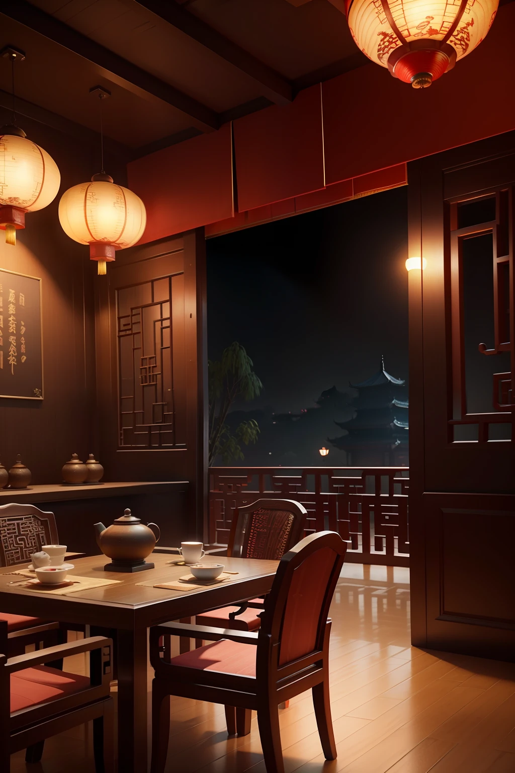 tea house，restaurant，Restaurants，China Hotel，Chinese style decoration，Chinese culture，Chinese morning tea，Guangdong，Indoor 3D，3DMAX，C4D，Octane，V-Ray，The feeling of the night