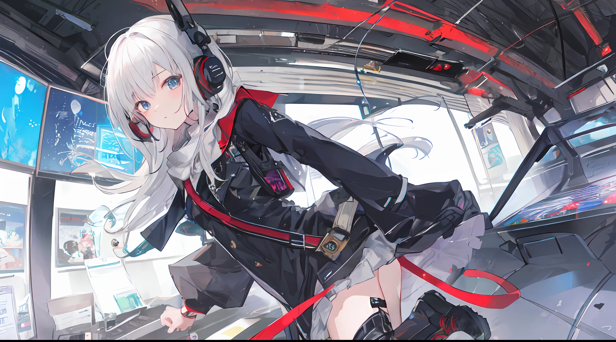 ((high qulity)), ((tmasterpiece)), 8k, girls, bulletproof vest, llight rays, the Extremely Detailed CG Unity 8K Wallpapers, GameCG, looking at viewert, mitts, boots, full bodyesbian, Wrist watch, Computer,masks,UAVs,handheldweapons,Earphone,jaket,Bao,backpacks,Ark of tomorrow style,White trench coat,Black scarf,with short white hair,Issuing,The sword