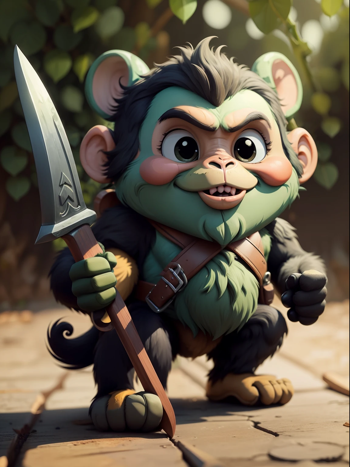 A monkey,Naughty big-mouthed monkey,It wields an axe in its hand,The background is a solid background of green
