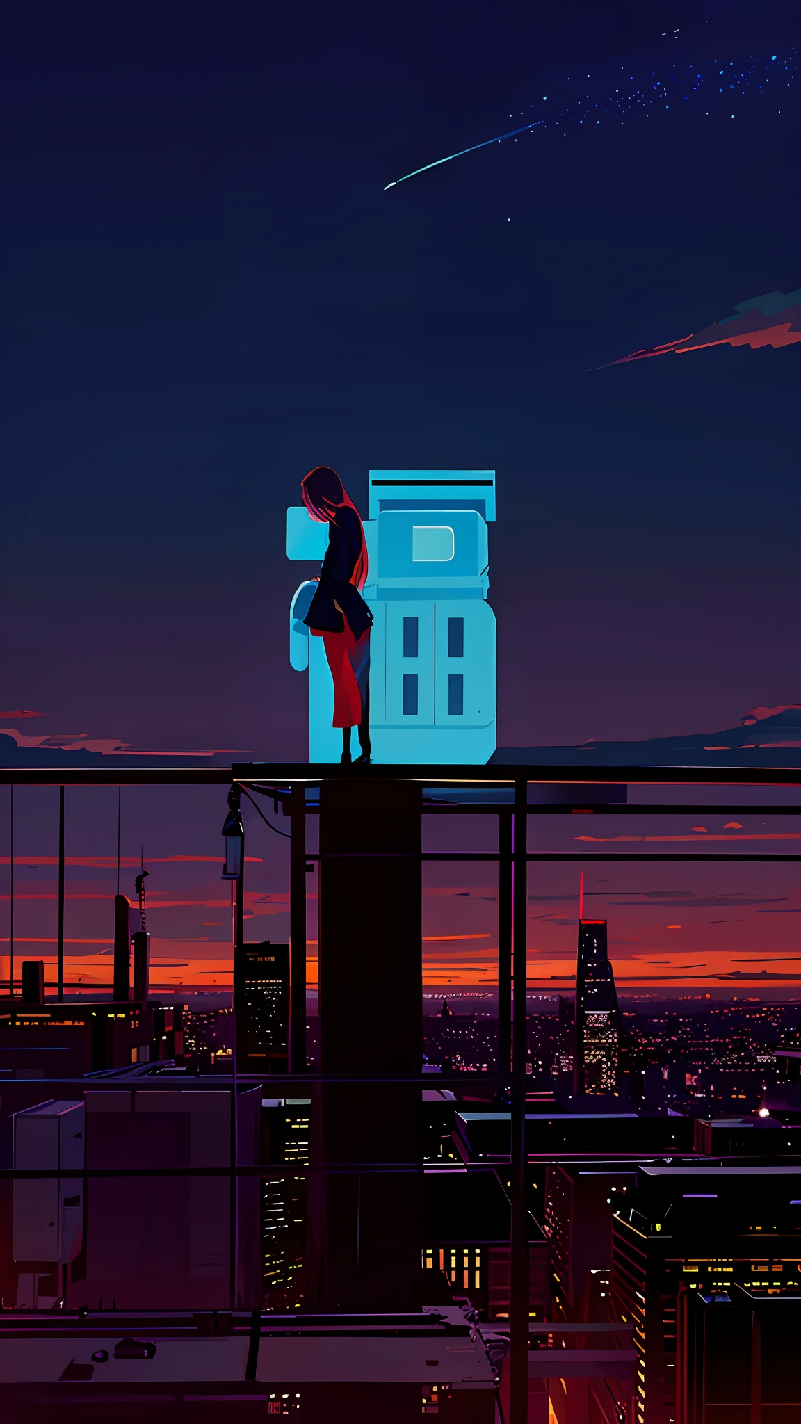octans, sky, star (sky), scenery, starry sky, night, 1girl, night sky, solo, outdoors, building, cloud, milky way, sitting, tree, long hair, city, silhouette, cityscape